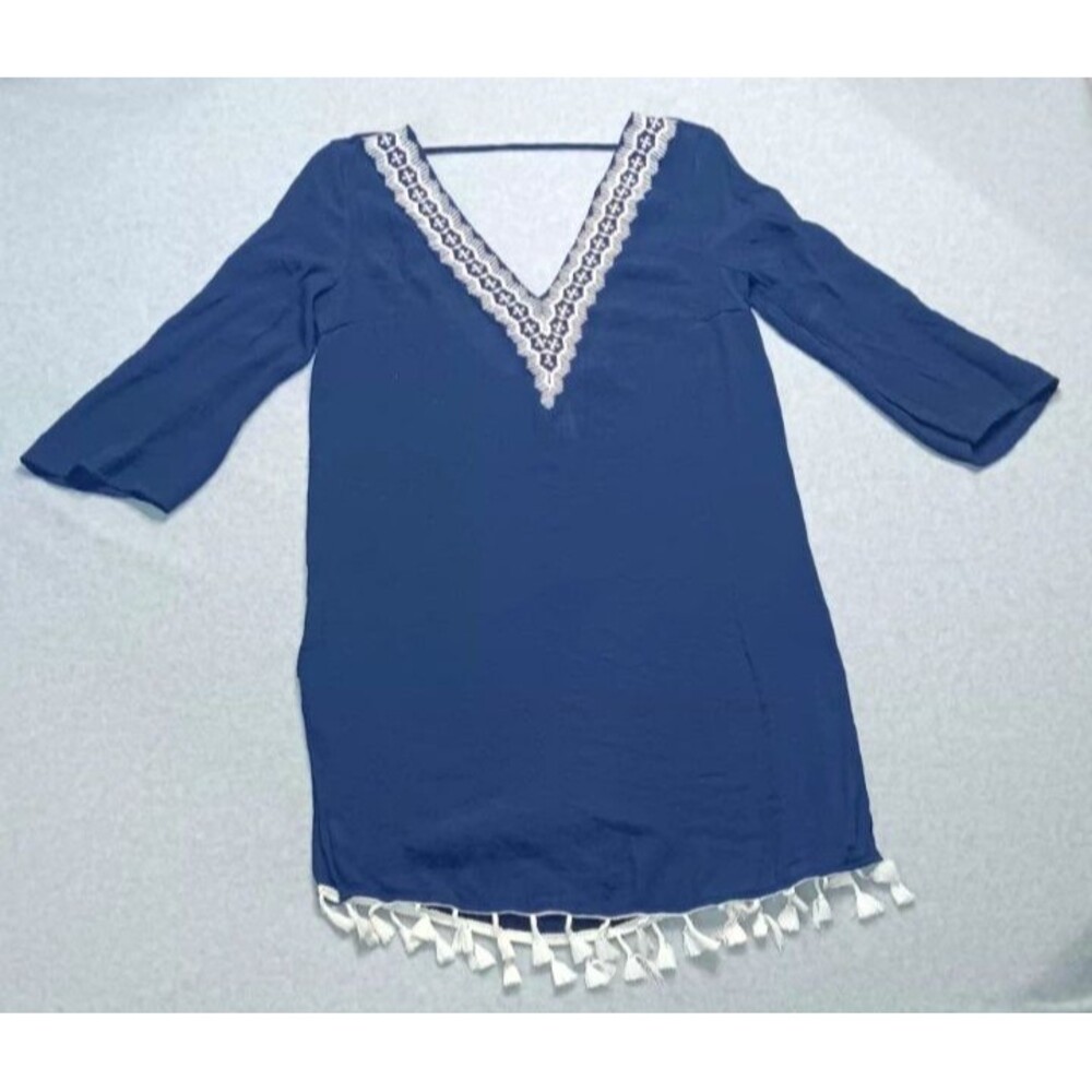 Kona Sol Swim Cover Up Tunic Dress Small Navy Blue Embroidered Tassel Beach Boho - Picture 1 of 10